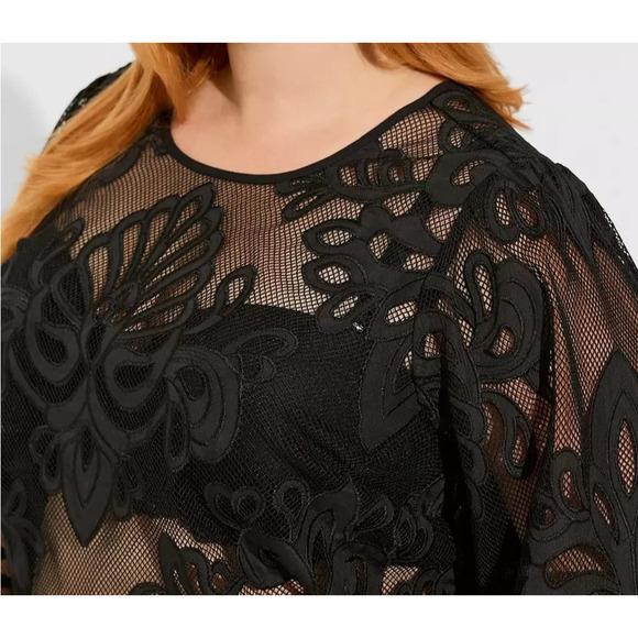 Torrid Mesh With Embroidery Long Sleeve Blouse Sheer Top Keyhole Plus Size 1 1X - Picture 6 of 12